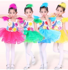 Green fuchsia turquoise hot pink yellow gold blue colored stars pattern girls kids children child stage performance modern dance jazz dance outfits costumes dresses